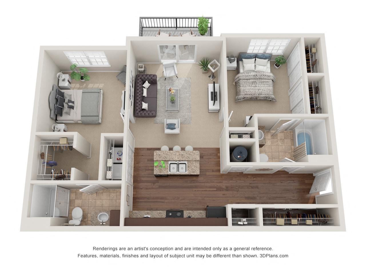 Floor plan for 2 beds, 2 baths, 975 sqft